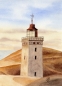 Preview: Postkarte DIN-A6 Aquarell Maritim Kunst Druck Kunstdruck Nordsee Dänemark Danmark Leuchtturm Rubjerg Knude Düne Blokhus Lokken Sonnenuntergang